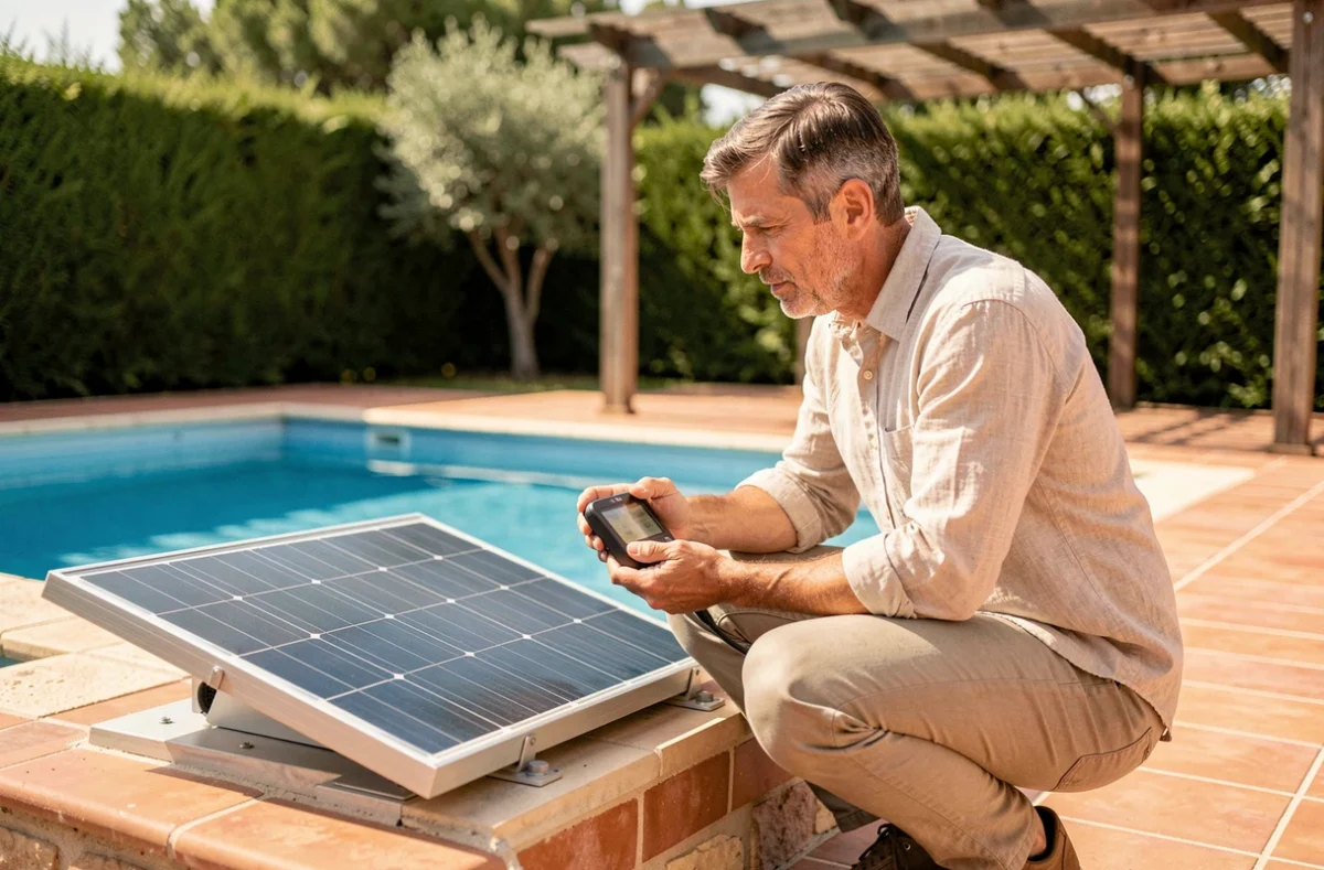 Propriétaire inspectant un kit solaire autoconsommation installé près d'une piscine résidentielle dans un jardin ensoleillé