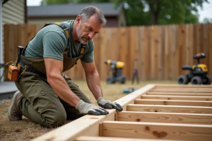 Charpentier posant une lambourde en bois composite à côté d'une solive en bois naturel sur une terrasse en construction