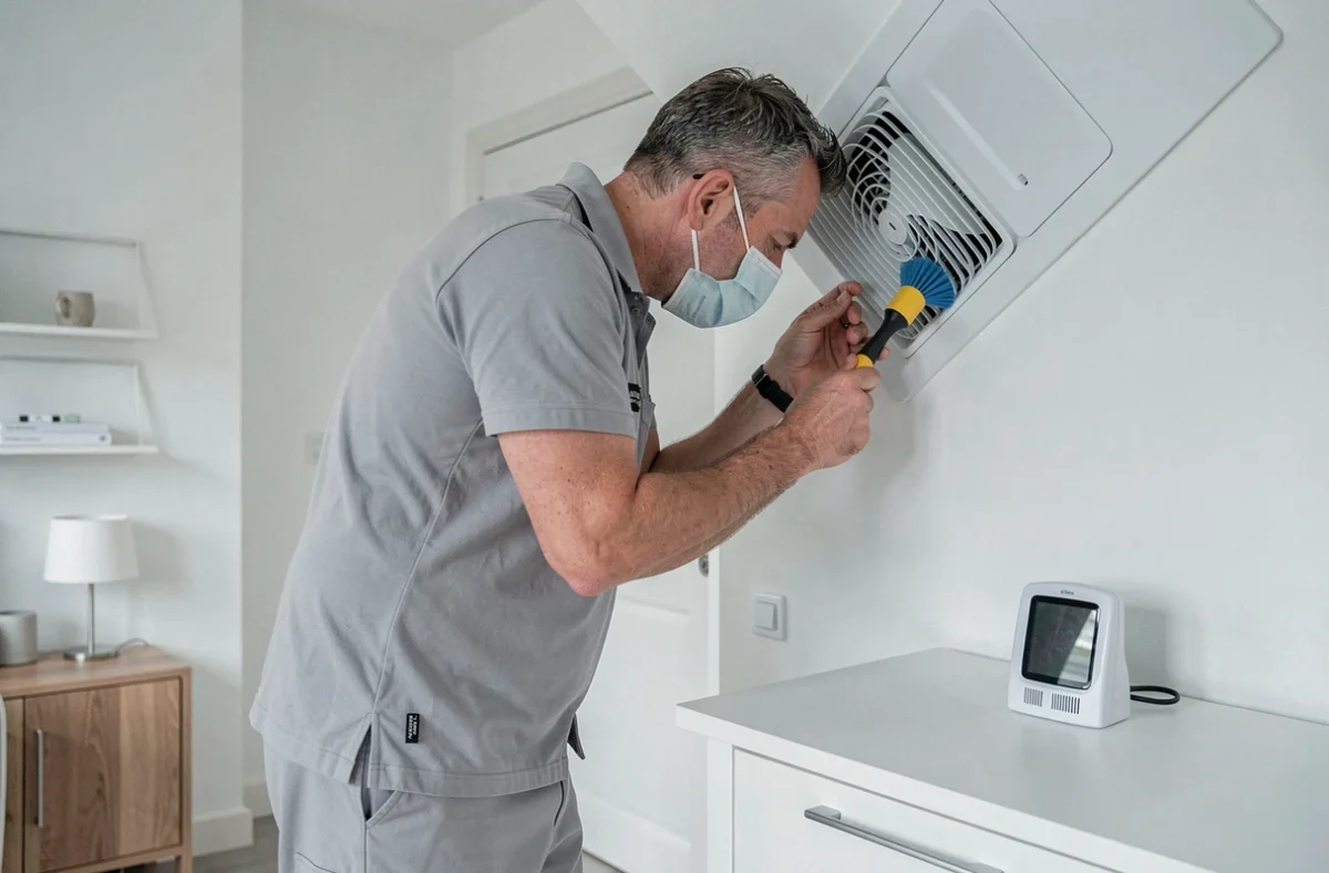 Un technicien de Leblic Air nettoyant une grille de ventilation dans un appartement moderne