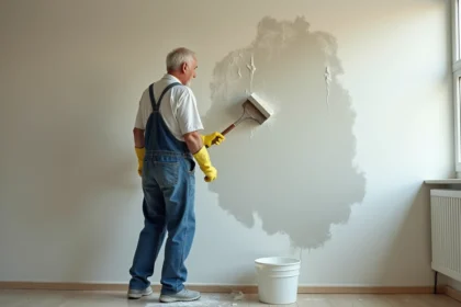 Homme en salopette nettoyant un mur en plâtre avec une éponge savonneuse avant la peinture