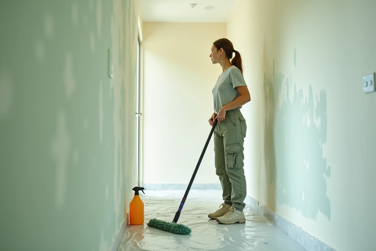 Femme appliquant un produit lessivant sur un mur de couloir avant de le peindre