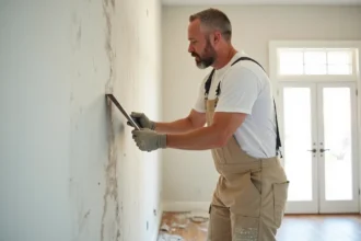 Homme appliquant de l'enduit de lissage sur un mur après dépose de tapisserie dans un salon en rénovation