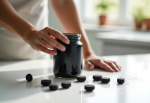Main tenant un gel noir de charbon actif avec des comprimés à côté