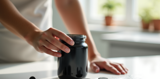 Main tenant un gel noir de charbon actif avec des comprimés à côté