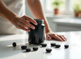 Main tenant un gel noir de charbon actif avec des comprimés à côté