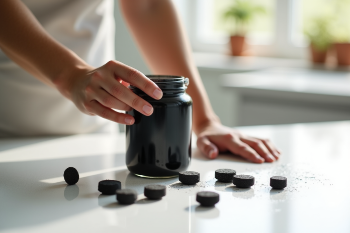 Main tenant un gel noir de charbon actif avec des comprimés à côté