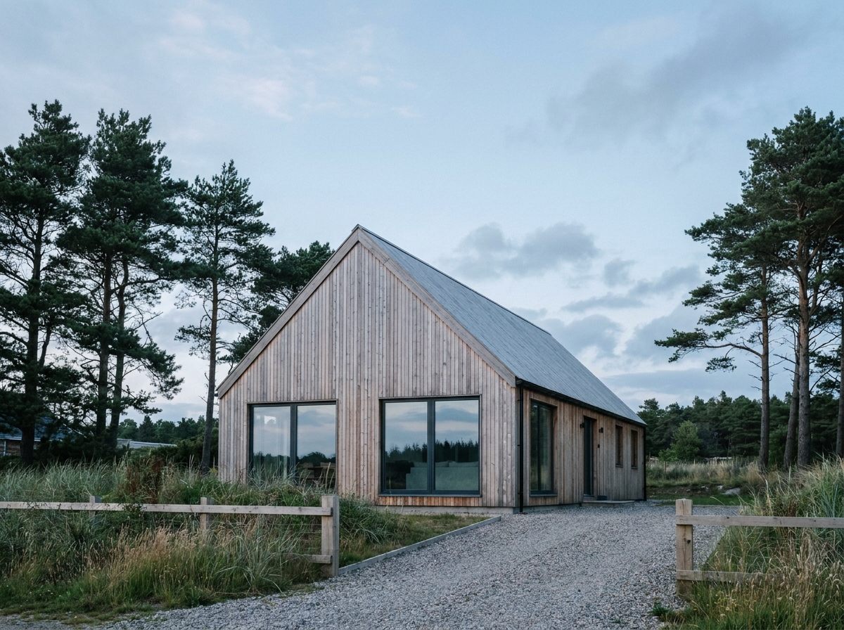 Maison en bois moderne avec bardage en mélèze achevée sur un terrain arboré près de Royan en Charente-Maritime