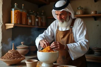 Maître parfumeur arabe âgé broyant des résines aromatiques dans un atelier traditionnel pour fabriquer de l'encens artisanal