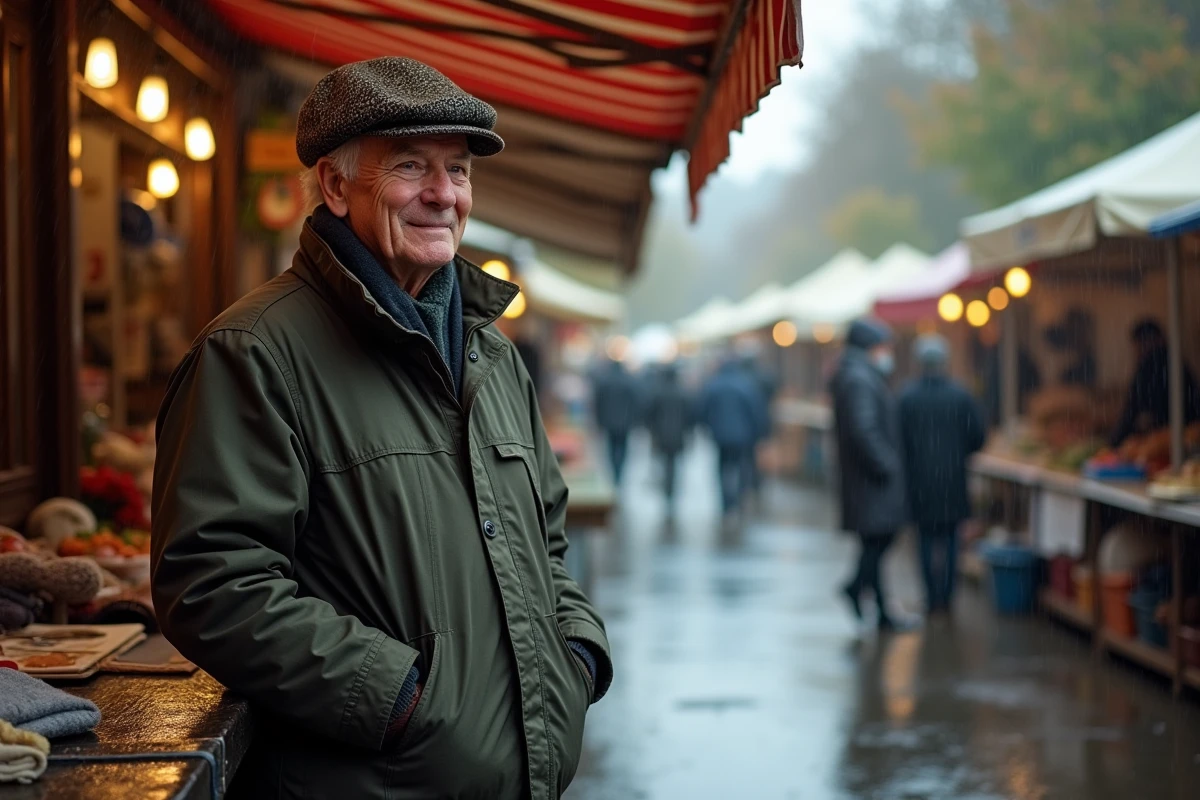 Homme âgé sous son stand de vide grenier sous la pluie