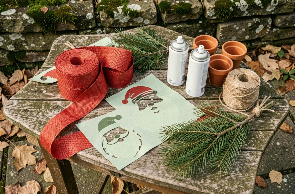 Matériaux DIY pour fabriquer un père Noël décoratif extérieur à petit budget, posés sur une table de jardin en bois