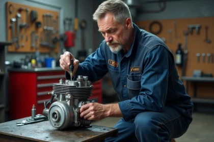 Mécanicien appliquant de l'huile pénétrante sur une vis foirée d'un carter moteur de moto en atelier