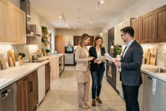 Showroom de cuisinistes en Corrèze avec plusieurs modèles exposés et un couple en consultation