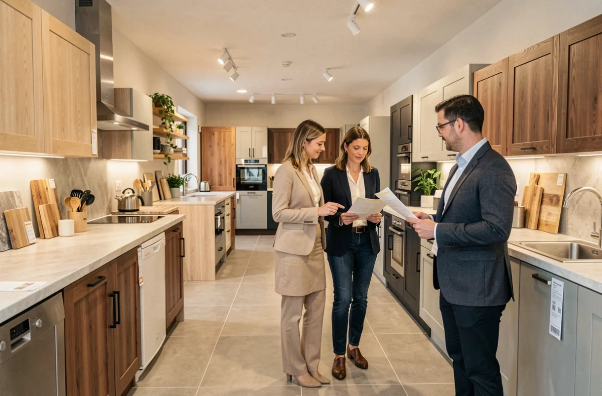 Showroom de cuisinistes en Corrèze avec plusieurs modèles exposés et un couple en consultation