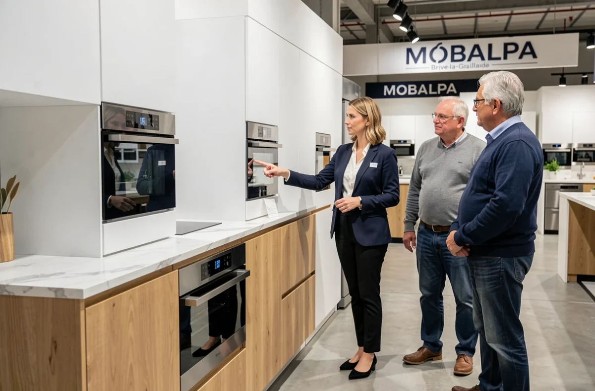 Stand Mobalpa Saint-Clément à Brive-la-Gaillarde avec cuisine en bois clair et laqué blanc mat