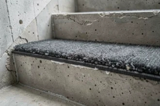 Moquette grise posée sur une marche d'escalier en béton brut, vue rapprochée du bord textile