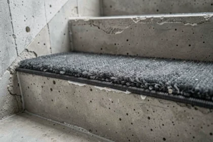 Moquette grise posée sur une marche d'escalier en béton brut, vue rapprochée du bord textile