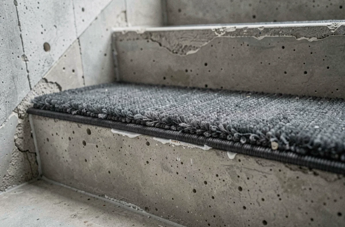 Moquette grise posée sur une marche d'escalier en béton brut, vue rapprochée du bord textile