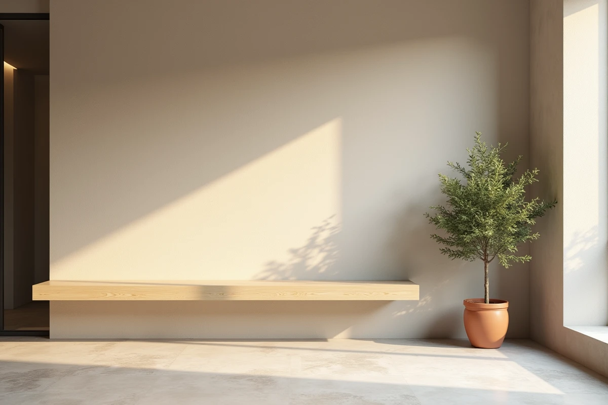 Mur en parpaing intérieur enduit avec une finition minérale tendance greige dans un salon rénové moderne