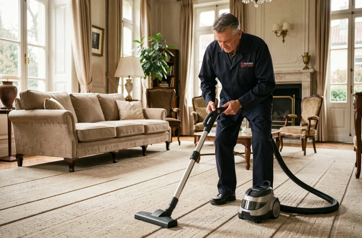 Un agent Netman passant l'aspirateur professionnel sur un tapis dans un salon spacieux