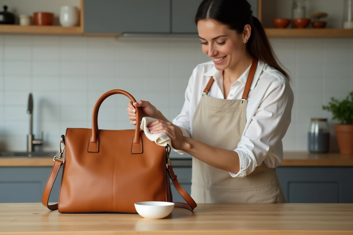 Femme nettoyant un sac en cuir moisi avec un chiffon doux sur une table en bois dans une cuisine domestique
