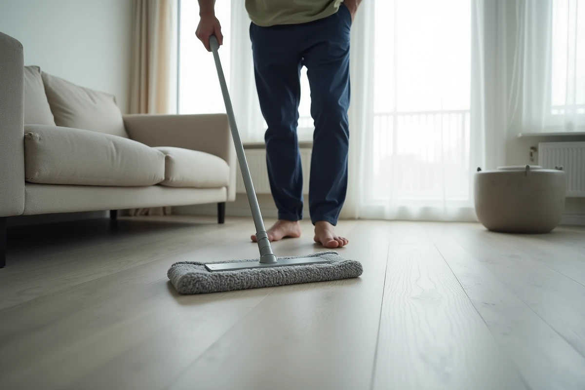 Homme utilisant une serpillière plate en microfibre sur un parquet stratifié gris dans un salon minimaliste sans traces