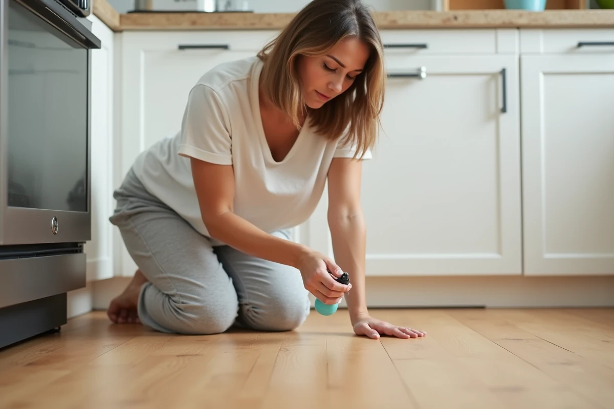 Femme appliquant un nettoyant pour parquet stratifié avec un spray dans une cuisine moderne sans laisser de traces