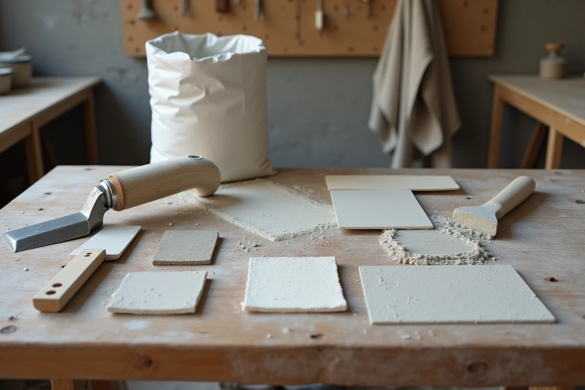 Outils de plâtrier et échantillons de finitions d'enduit pour parpaing intérieur sur un établi d'atelier