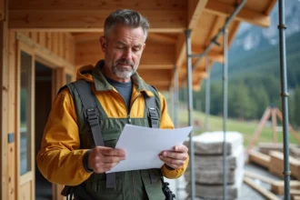 Homme d'âge moyen examinant un devis de construction devant un chalet en bois