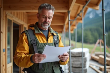Homme d'âge moyen examinant un devis de construction devant un chalet en bois