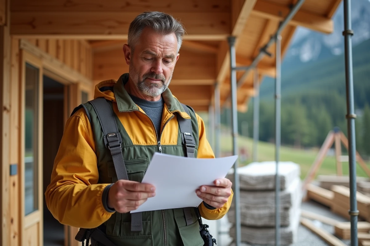 Homme d'âge moyen examinant un devis de construction devant un chalet en bois