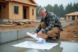 Ouvrier en travaux vérifiant plans sur béton frais