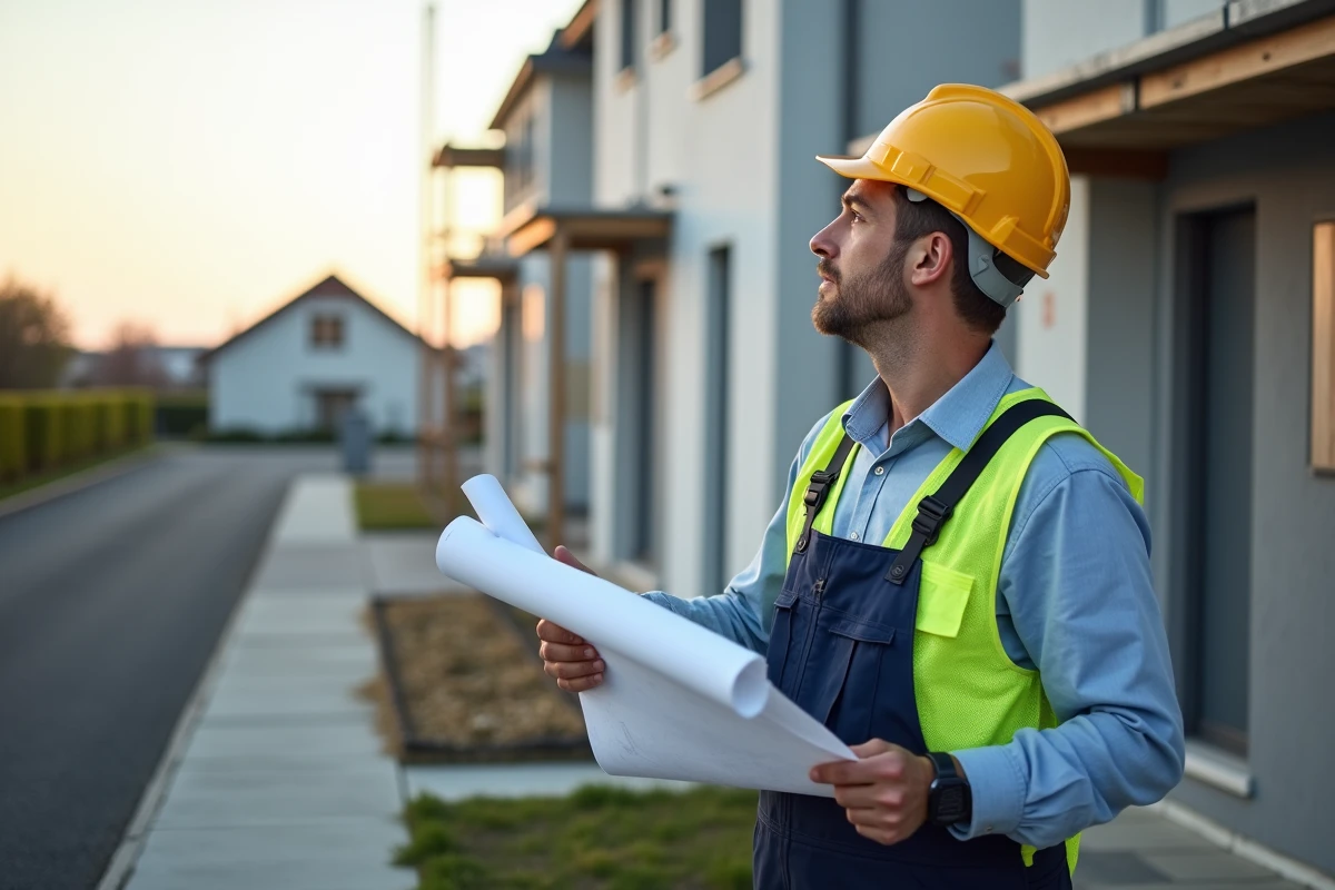 Ouvrier en tenue de chantier examinant des plans de construction