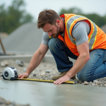 Épaisseur minimale dalle béton : quelle choisir pour travaux ? Ouvrier en vestiaire haute visibilité mesure un beton frais