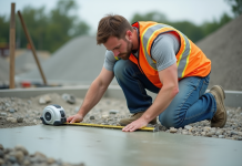 Épaisseur minimale dalle béton : quelle choisir pour travaux ? Ouvrier en vestiaire haute visibilité mesure un beton frais