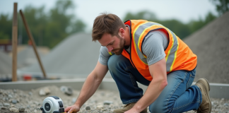 Épaisseur minimale dalle béton : quelle choisir pour travaux ? Ouvrier en vestiaire haute visibilité mesure un beton frais