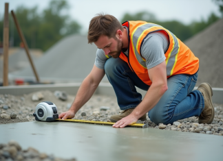 Épaisseur minimale dalle béton : quelle choisir pour travaux ? Ouvrier en vestiaire haute visibilité mesure un beton frais