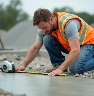 Épaisseur minimale dalle béton : quelle choisir pour travaux ? Ouvrier en vestiaire haute visibilité mesure un beton frais