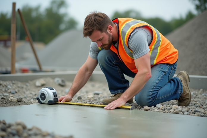 ouvrier-construction-mesure-beton Ouvrier en vestiaire haute visibilité mesure un beton frais