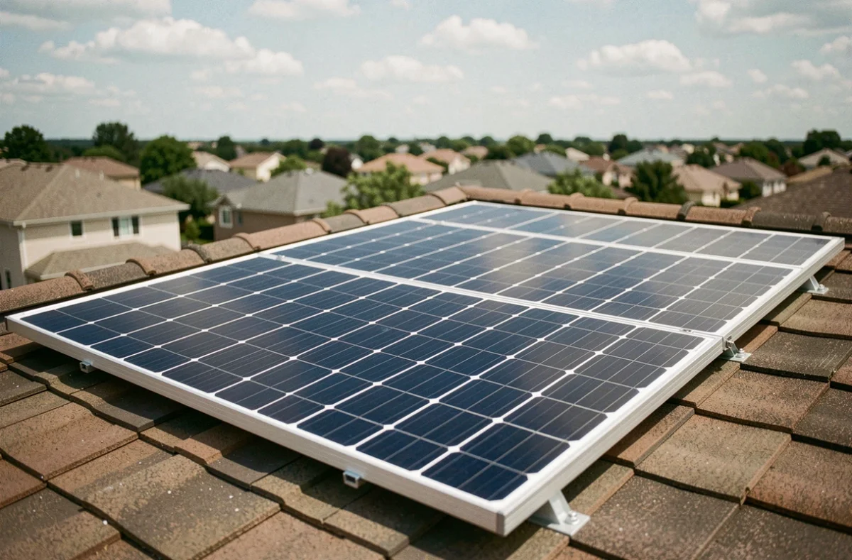 Panneau solaire 400 Wc monocristallin installé sur un toit de maison individuelle en zone pavillonnaire