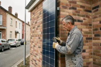 Panneau solaire vertical installé sur un mur de maison résidentielle urbaine, avec un technicien inspectant les connexions