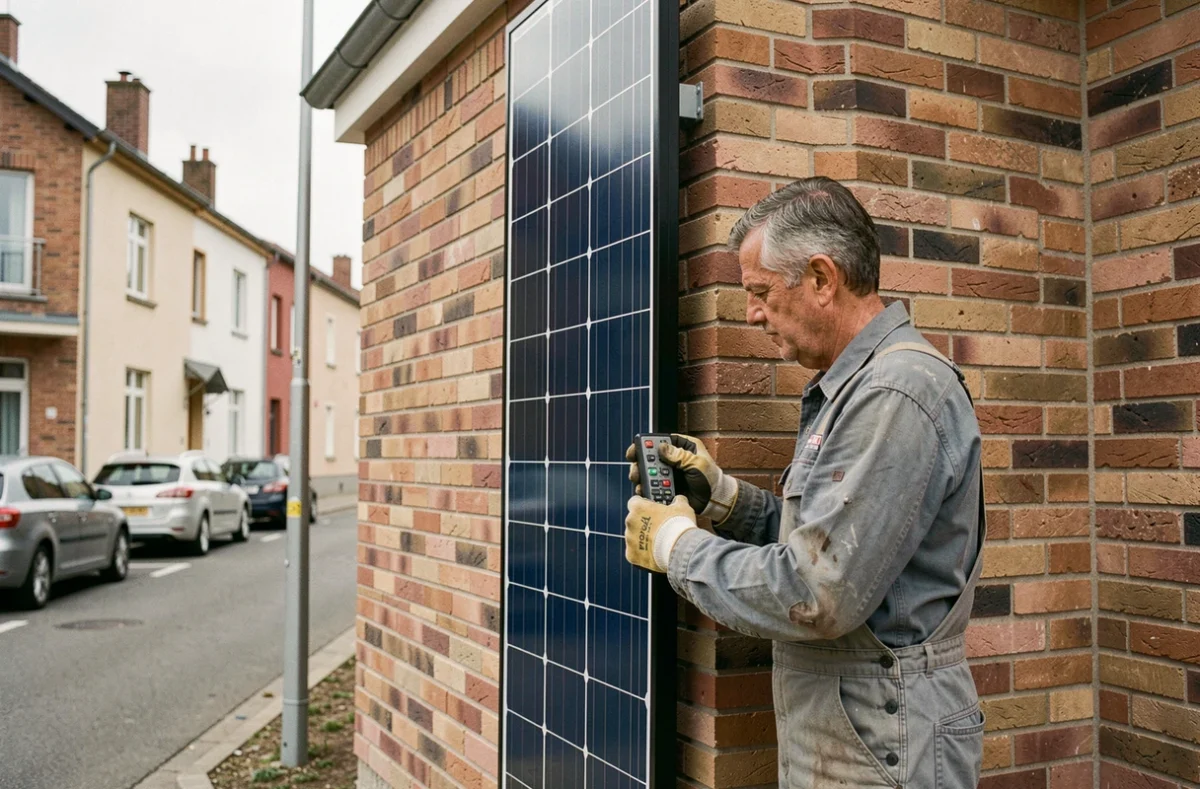 Panneau solaire vertical installé sur un mur de maison résidentielle urbaine, avec un technicien inspectant les connexions