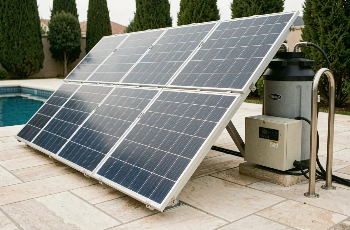 Panneaux solaires monocristallins montés au sol sur une terrasse de piscine avec onduleur et câblage DC visible