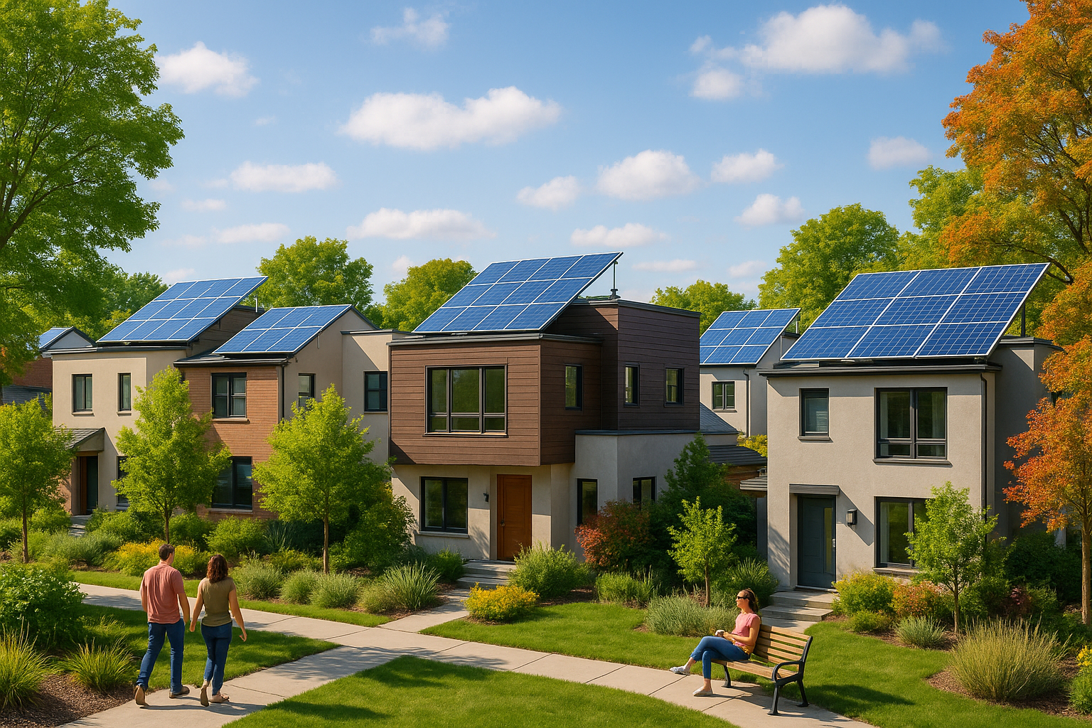 Panneaux solaires sur des maisons en ville avec arbres et ciel bleu