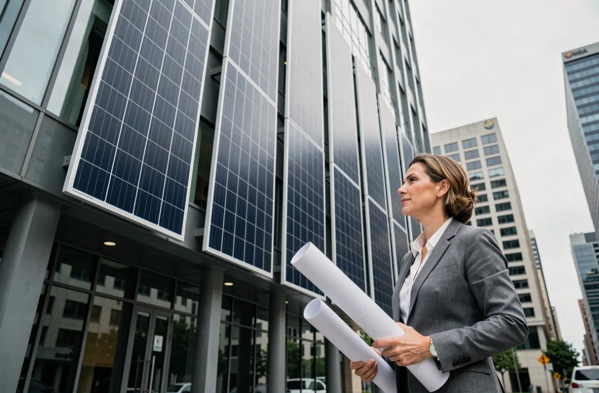 Panneaux solaires verticaux intégrés à la façade d'un bâtiment commercial contemporain en verre et acier