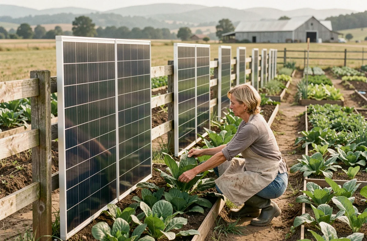 Panneaux solaires verticaux installés sur une clôture en bois bordant un jardin potager en milieu rural