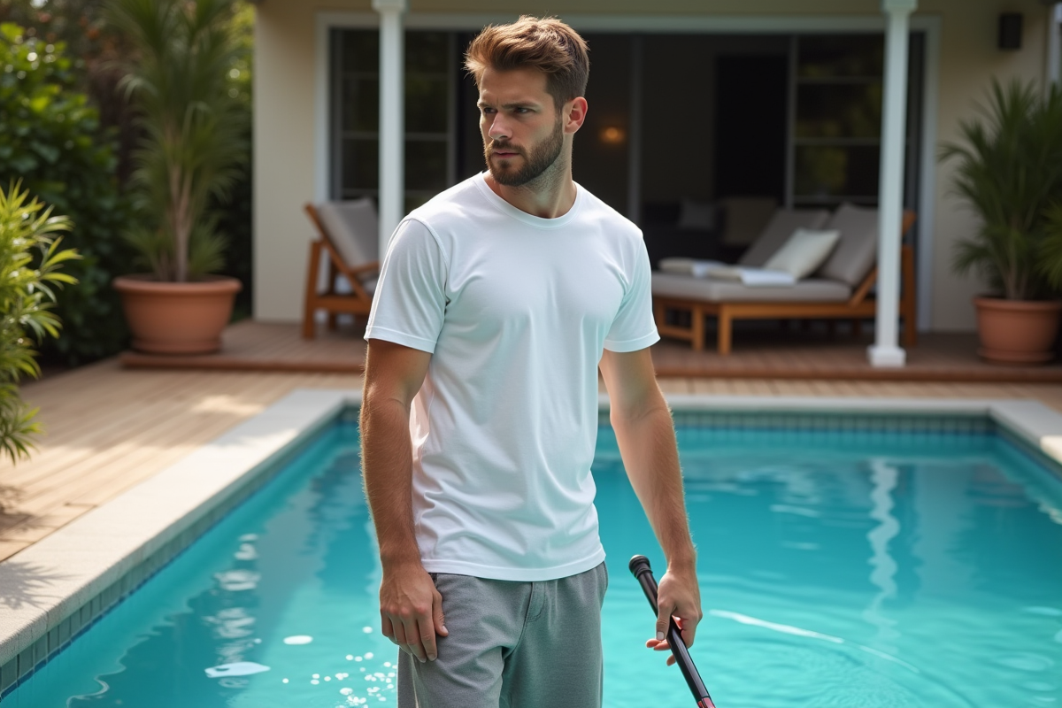Jeune père utilisant un filet pour nettoyer la piscine