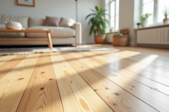 Parquet massif en pin posé dans un salon scandinave, larges lames naturelles avec nœuds et grain visible