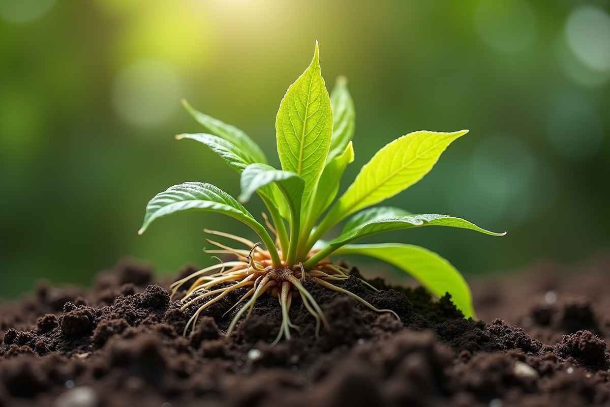 Passiflore fraîche avec racines sur sol humide en extérieur