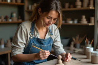Femme peignant une figurine en argile autodurcissante séchée avec un pinceau fin et de la peinture acrylique dans un atelier artisanal