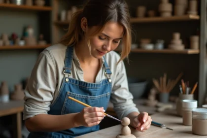 Femme peignant une figurine en argile autodurcissante séchée avec un pinceau fin et de la peinture acrylique dans un atelier artisanal